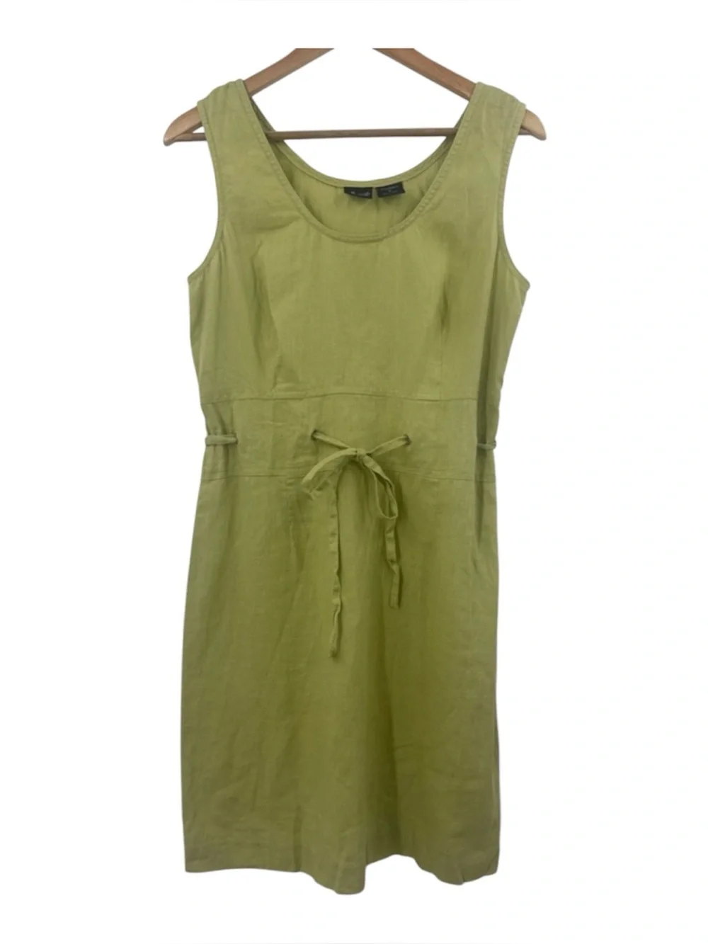 Linen shift dress summer spring green sleeveless midi drawstring waist womens